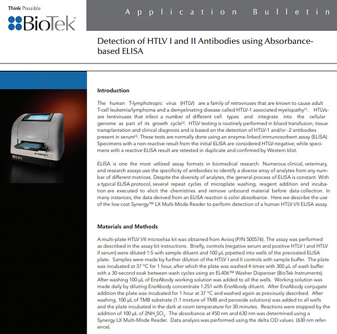 Detection of HTLV I and II Antibodies using Absorbance based ELISA