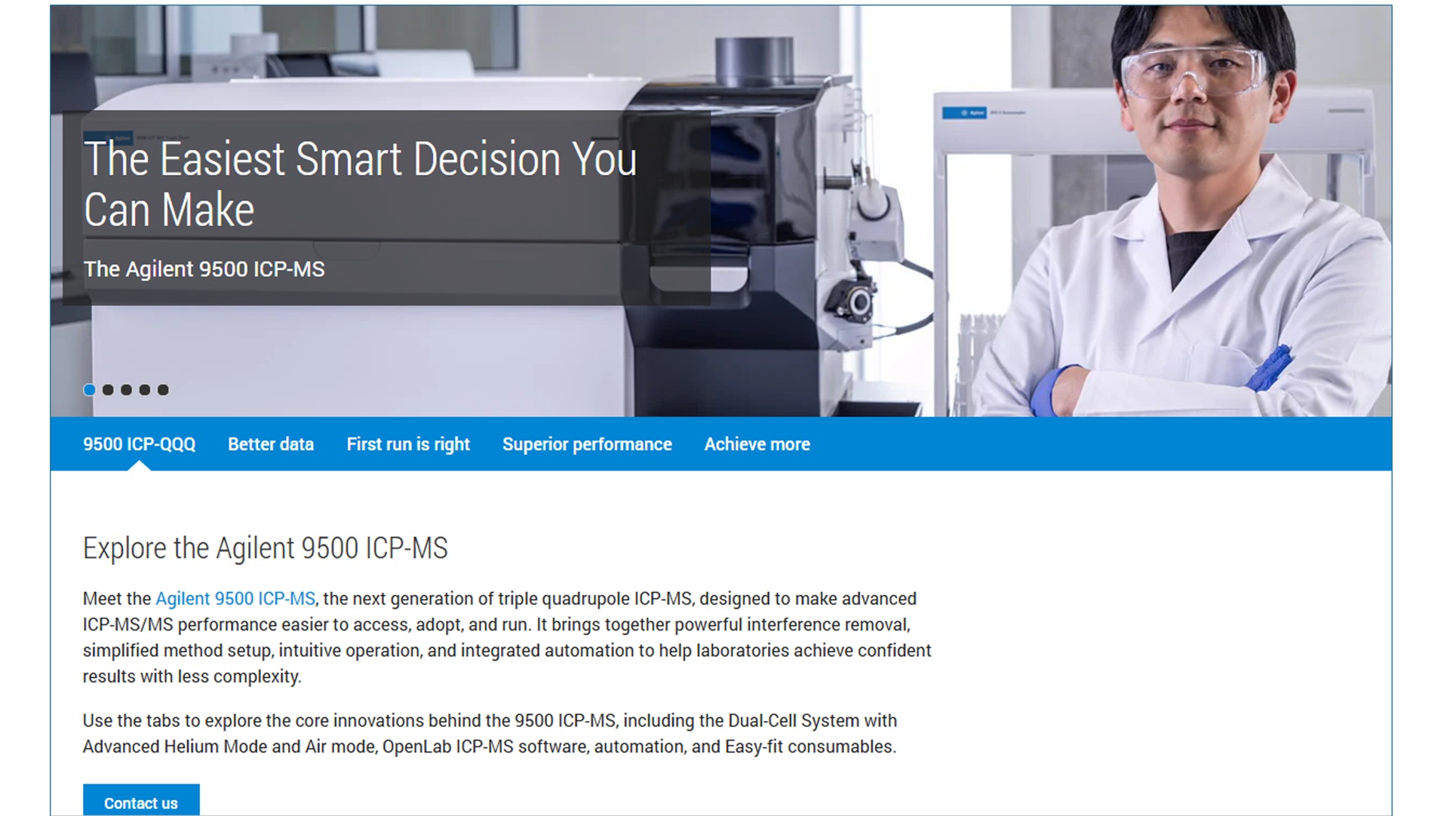 Agilent 9500 ICP-MS/MS 介绍网页。一位身穿实验服、神情自信的科学家站在仪器旁。正文重点介绍了仪器的高级功能。