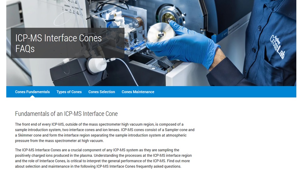 图片：仪器旁，一只手戴着手套并手持 ICP-MS 接口锥。图片上文字显示“ICP-MS 接口锥常见问题解答”。下方的蓝色导航选项卡设有“接口锥基本原理”和“接口锥类型”等子版块。